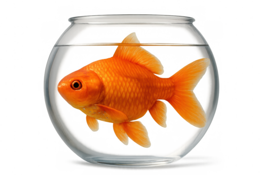 Goldfish gracefully swimming inside transparent glass bowl, offering clean visual element for graphic design composition