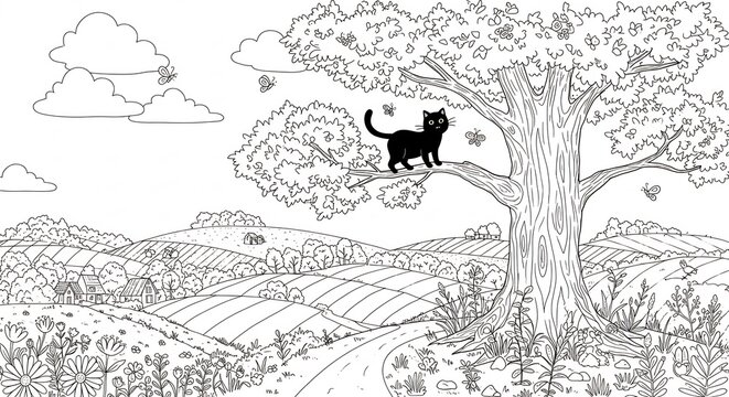 Schwarze Katze beobachtet friedlich l�ndliche Landschaft sanftes Licht malt idyllische Szene. AI Generated