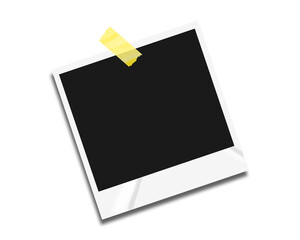 Tilted Instant Photo Frame Mockup with Yellow Tape Isolated on White Background for Retro Design Use