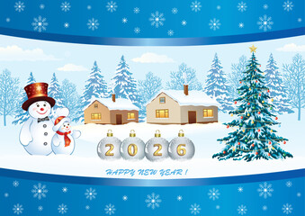 Happy New Year 2026 greeting card with Christmas tree, snowmen and winter landscape decorated with snowflake pattern. Vector illustration for background, banners, posters, social networks and covers.