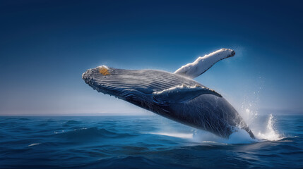 Majestic Humpback Whale Breaching the Ocean Surface in Stunning Deep Blue Waters