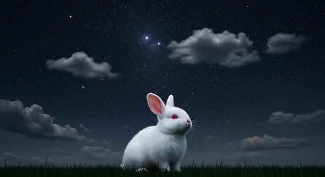 Weisser Hase beobachtet sanft sternenklare Nacht. AI Generated