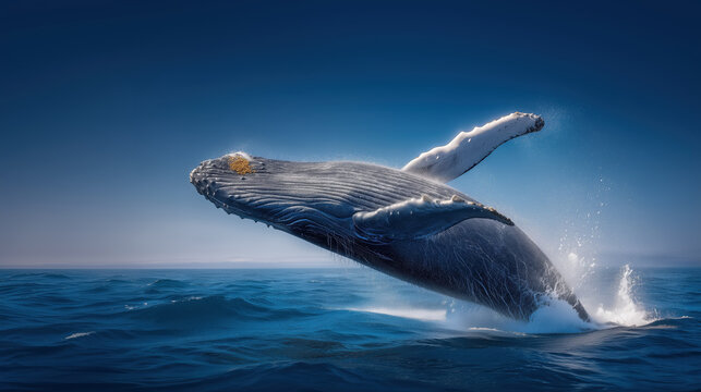Majestic Humpback Whale Breaching the Ocean Surface in Stunning Deep Blue Waters - Powered by Adobe