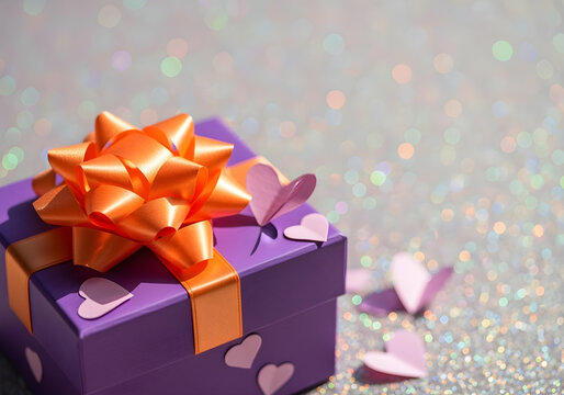 A purple gift box with an orange bow and delicate paper hearts, set against a backdrop of iridescent glitter, creating a bokeh effect.