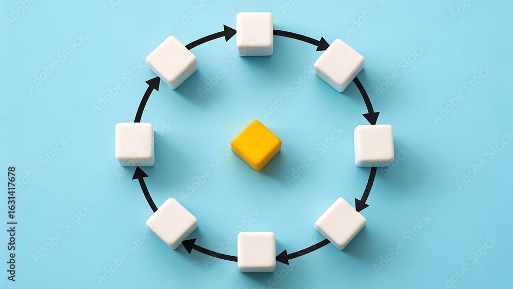 Poster cyclic process – white cubes with arrows forming loop around central yellow cube on blue background,