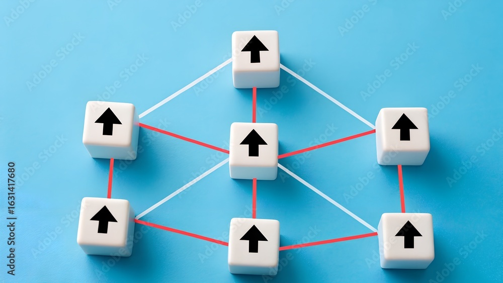Poster interconnected network – white cubes with upward arrows linked by red and white lines on blue backgr
