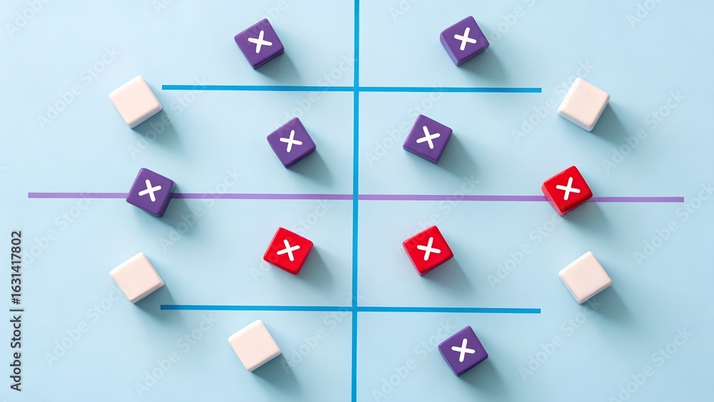Poster categorization puzzle – colored cubes with x marks scattered in grid, sorting, strategy, game concep