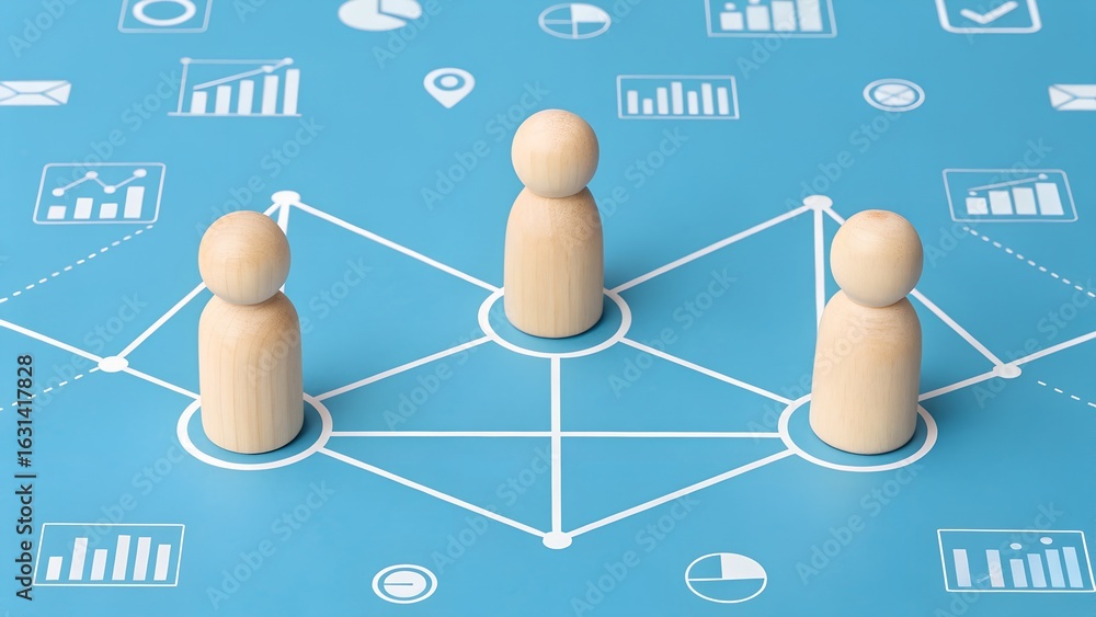 Poster collaborative analytics – wooden figures in triangular network with data icons on blue background, t