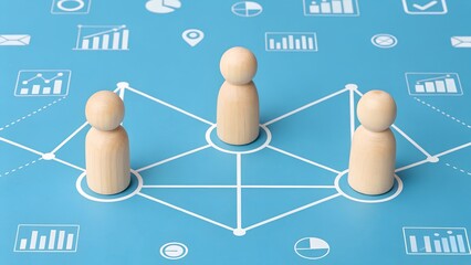 Collaborative Analytics – Wooden Figures in Triangular Network with Data Icons on Blue Background, Teamwork, Insight Sharing Concept