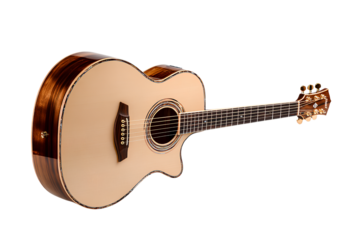 An acoustic guitar isolated on a white background, studio shot, high-quality photo.
