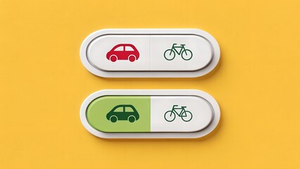 Obraz premium Transportation Choice – Toggle Switches with Car and Bicycle Icons on Yellow Background, Eco-Friendly vs. Motorized Travel Concept
