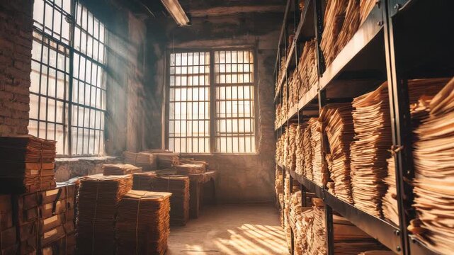 Vintage Archive Room with Sunlight Beaming through Windows onto Document Stacks