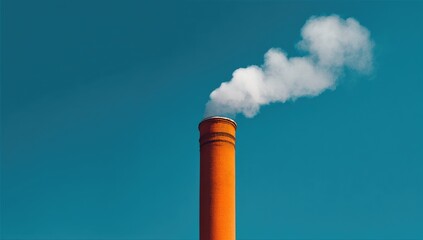 A photograph depicts an empty, orange smokestack with white steam emerging from it, set against a blue background.