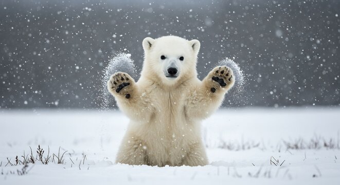 Suesse Eisbarjunges spielt im Schnee sanft fallender Schneeflocken. AI Generated