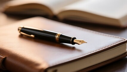 Elegant Fountain Pen Resting on a Leather Journal Near an Open Book