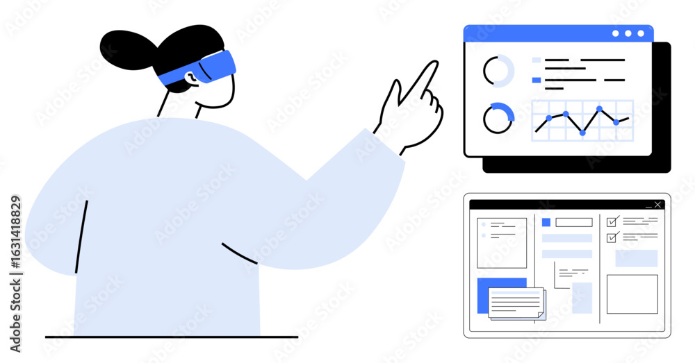 Aufkleber individual wearing vr headset pointing at floating digital dashboards with charts and interface elem