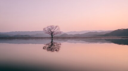 Solitary Pink Cherry Blossom by Calm Lake