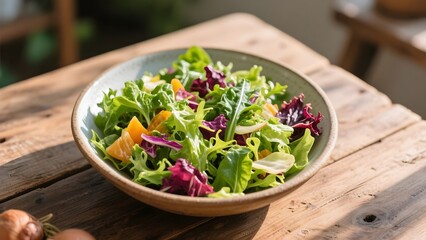 Fresh mixed salad with greens, orange slices, and onions served in a wooden bowl on a rustic table