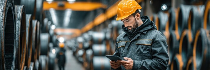 Worker in safety gear using a tablet in a warehouse filled with steel rolls during daylight hours