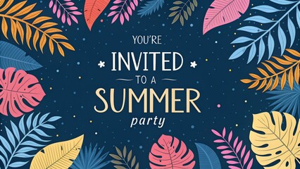 “Tropical Summer Party Invitation with Colorful Leaves and Floral Frame”