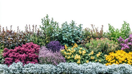 Obraz premium Vibrant colorful flowerbed with various plants and shrubs isolated on white background. (1)