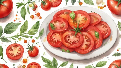 Watercolor painting of tomato slices on a plate with basil leaves and whole tomatoes around it