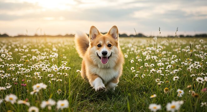 Fr�hlicher Hund rennt gl�cklich �ber bl�hende Wiese warmes Sonnenlicht. AI Generated