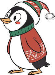 A festive cartoon vector illustration for a Christmas holiday card shows a funny snowman and a penguin wearing hats, celebrating the winter season with Santa Claus and a reindeer