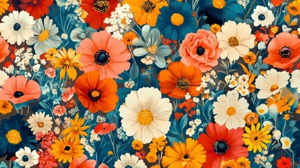 Vibrant floral tapestry featuring diverse blooms in a rich color palette.