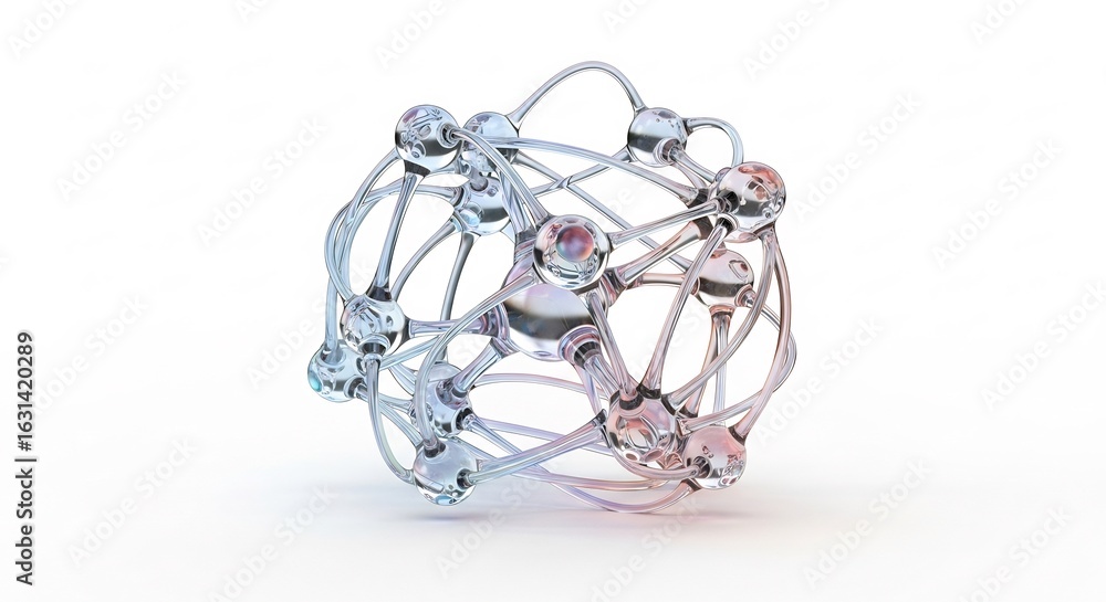 Poster abstract metallic geometric structure with spherical nodes in silver and rose gold tones