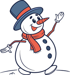 A cheerful cartoon snowman wears a red hat and a scarf, holding a broom beside a decorated Christmas tree in the winter snow