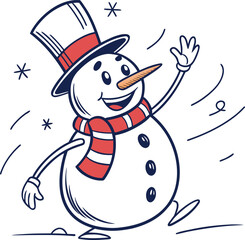 A cheerful snowman with a carrot nose and festive hat holds a broom and a decorated Christmas tree in the winter snow