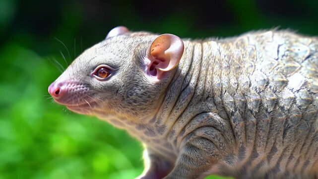 Close-up profile of an unusual small mammal with distinctive wrinkled skin in a natural green environment