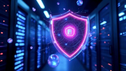 Futuristic digital shield representing cybersecurity protection in a high-tech server room - Powered by Adobe