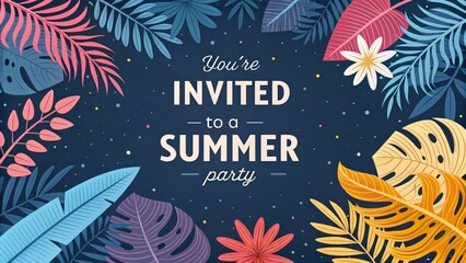 “Tropical Summer Party Invitation with Colorful Leaves and Floral Frame”