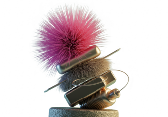 Abstract sculpture with pink fluffy top and metallic elements isolated on transparent background