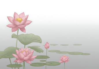 An elegant and serene wallpaper featuring a beautiful arrangement of pink lotus flowers and leaves.

