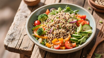 Quinoa Salad with Vegetables and Herbs in a Bowl on a Wooden Table