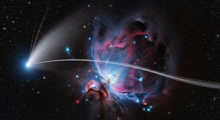 Fototapeta premium A bright comet streaks across a vibrant nebula filled with stars