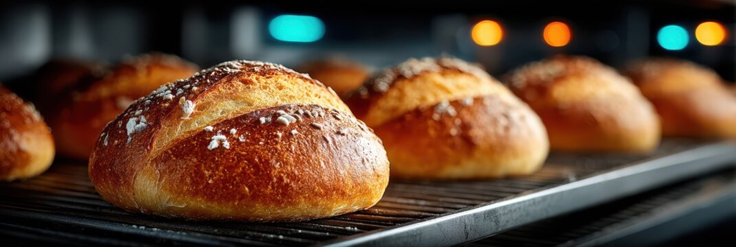 Freshly baked bread rolls cooling on a wire rack in a bakery during the morning hours