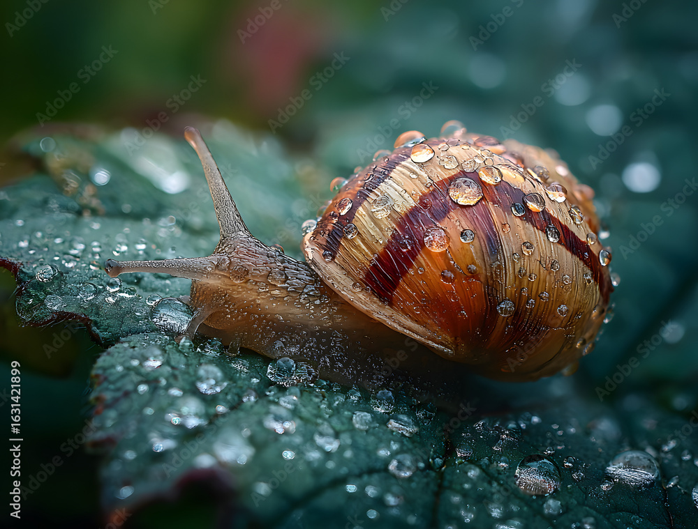 Aufkleber a snail resting on a wet leaf, with water droplets and its shiny shell glistening in the soft light 