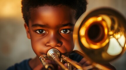 Close-Up Portrait of Young Afro-Latino Boy Playing Trombone with Intense Focus in Golden Light perfect for music education poster, youth arts program, school brochures and cultural enrichment campaign