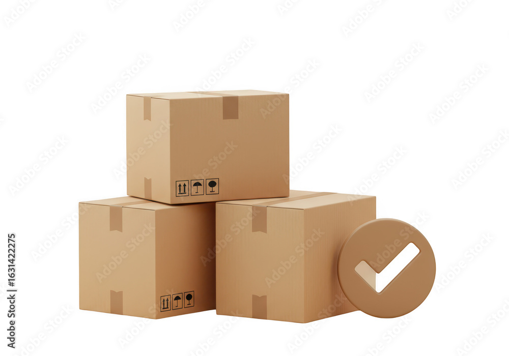 Poster Stack of cardboard boxes with checkmark isolated on transparent background