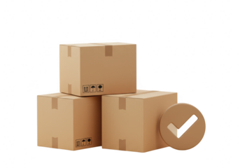 Stack of cardboard boxes with checkmark isolated on transparent background