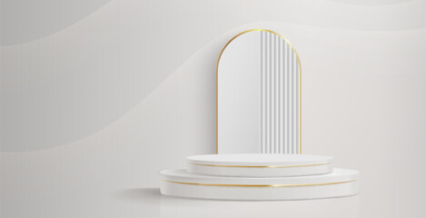 White circular podium with gold trim edges and arch backdrop on minimal gray wall - elegant product display platform for luxury cosmetics or premium goods presentation. Modern geometric stage design.