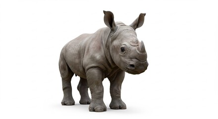 Fototapeta premium Junges Nashorn steht ruhig weiss Hintergrund sanftes Licht. AI Generated