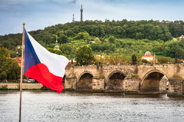 Prague - Czech flag by Charles bridge, Czech Republic