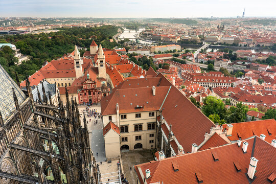 Aerial view of Prague and St. Vitus Cathedral tower Czech Republic