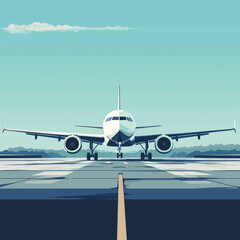Front view of landing aircraft. Passenger air vehicle transport, vector style simple color