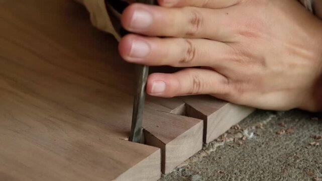 Manual cutting of a dovetail joint using a chisel and mallet